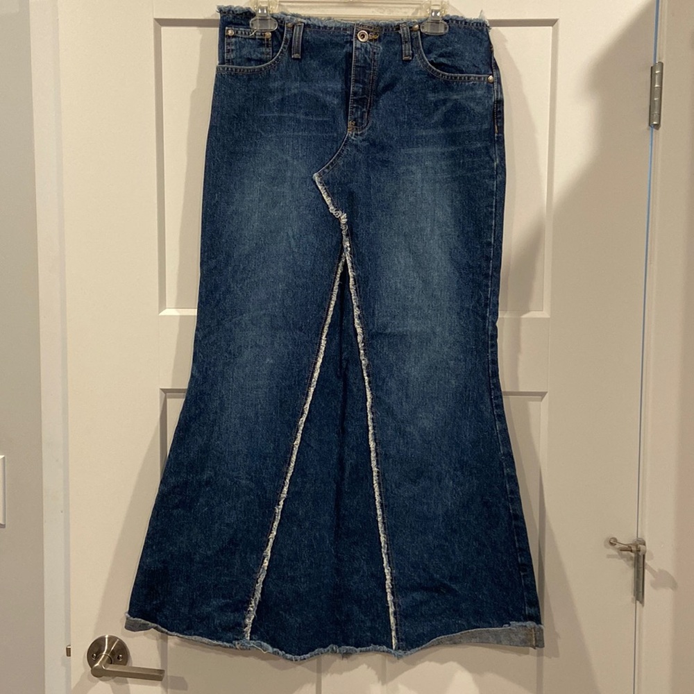 Y2K HYDRAULIC Long Raw Denim Skirt Midi MODEST Unique Raw Hem Women's Size 11/12